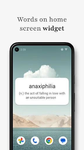 Home screen widget featuring daily vocabulary word 'anaxiphilia' with definition and scenic background image