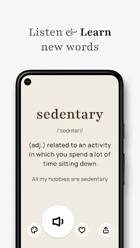 Interactive word learning screen for 'sedentary' featuring pronunciation, definition, example sentence, and audio play button