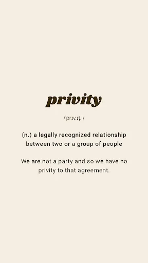 Educational vocabulary definition page for word 'privity' showing pronunciation, part of speech, and example usage