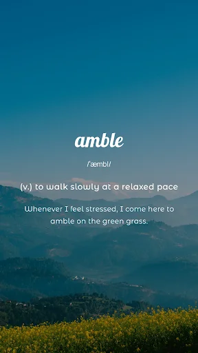 Full-screen vocabulary lesson for word 'amble' with pronunciation, definition, and scenic mountain landscape background