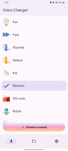 Voice Changer effects menu with voice options like Monster, Fan, Helium, Kid, and Robot with Choose sound button