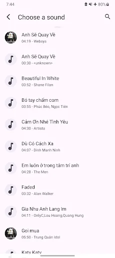 Choose sound screen displaying searchable list of audio tracks by song title, artist name, and duration