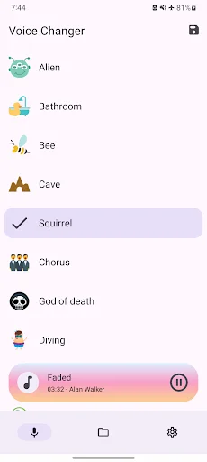 Voice Changer effects menu showing voice options like Alien, Bathroom, Squirrel, and Chorus with song playback