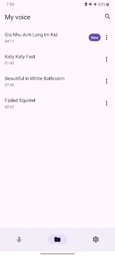 My voice tab displaying list of saved voice recordings with timestamps and new recording indicator