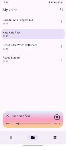 Voice Changer playback interface showing progress bar, duration timer, and controls for saved voice recording