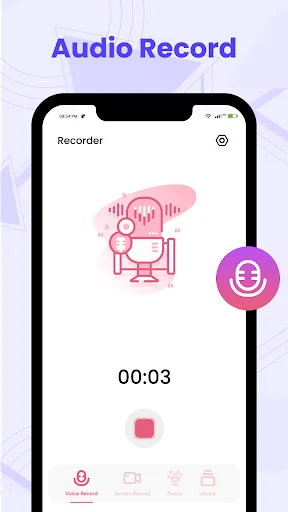 Audio recorder app interface showing microphone icon, elapsed time 00:03, pink recording controls, and bottom navigation menu with record options