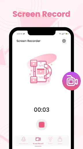 Screen recorder app displaying timer at 00:03, red stop button, recording interface with screen capture controls and navigation icons