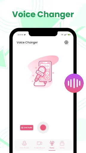 Voice Changer interface with audio loading button, voice effect controls, and transformation options for audio files