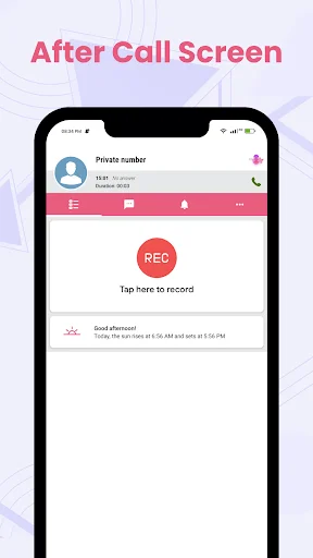 In-call recording screen showing private contact number, red REC button with tap-to-record instruction, and call timer display