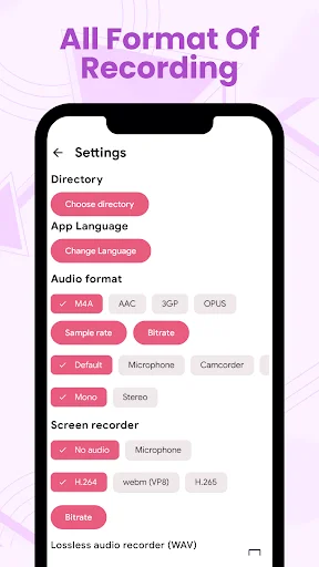 Settings menu showing multiple audio format options including WAV, M4A, AAC, 3GP, OPUS, sample rates, bitrate controls, and recorder formats