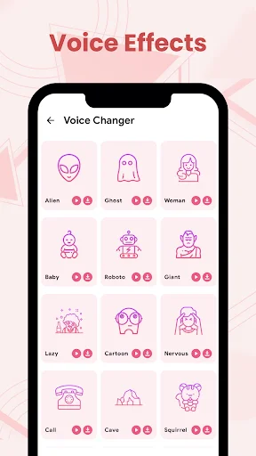 Voice Changer effects grid displaying 12 voice transformation options including Alien, Ghost, Woman, Baby, Robot, Giant, Lazy, Cartoon, Nervous, Call, Cave, and Special with play and delete buttons