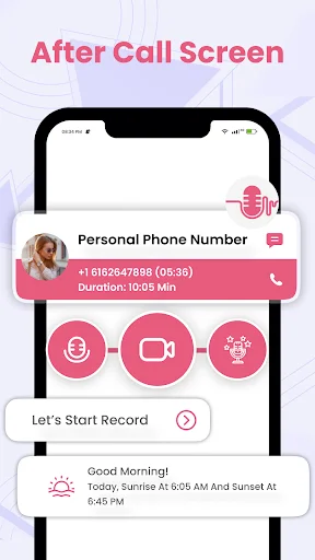 Call recording completion screen displaying contact name, 10:05 minute duration, voice changer button, video conversion option, settings icon, and Let's Start Record action button
