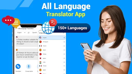 All Language Translator app with 150+ languages support, displaying translation interface and language selection menu