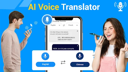 AI Voice Translator app with microphone input showing real-time translation from English to Chinese between two users