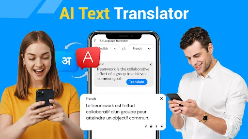 AI Text Translator app showing real-time text translation with multiple language options on mobile devices