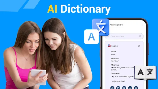 AI Dictionary app showing word definitions and meanings with multiple language translation support for language learning