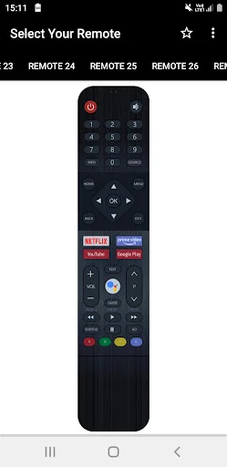 VU TV remote selector REMOTE 25 featuring Netflix and streaming app buttons, number keypad, and navigation controls