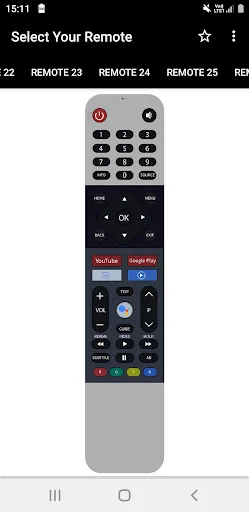 VU TV remote REMOTE 25 displaying YouTube and Google Play buttons, numeric keypad, and color-coded control buttons
