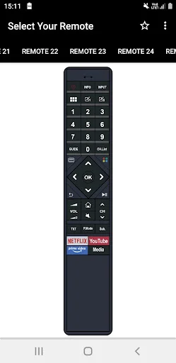 VU TV remote REMOTE 24 with Netflix and YouTube buttons, number pad, arrow navigation, and colored function buttons