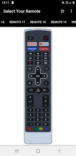 VU TV remote REMOTE 19 featuring Netflix, Amazon Prime, and Google Play buttons, navigation controls, and numeric keypad