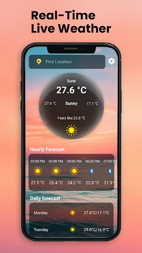 Weather app home screen displaying real-time temperature 27.6°C in Surat with hourly forecast timeline and daily weather predictions