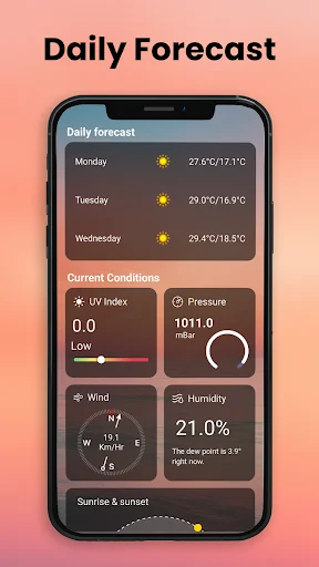 Daily forecast view showing 3-day weather prediction with current conditions including UV index, pressure, wind, and humidity measurements