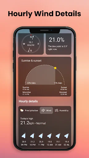 Hourly wind details screen displaying wind speed breakdown chart with sunrise and sunset timing information and wind speed trends