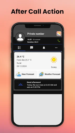 After-call weather alert notification displaying current temperature 26.4°C with sunrise and sunset times during active phone call