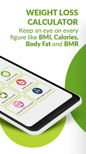 Weight Loss Calculator app menu with multiple fitness tools: BMI calculator, calorie tracker, body fat and BMR calculator
