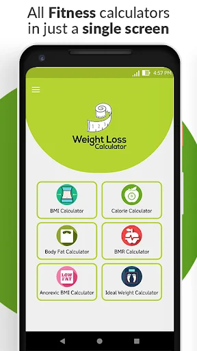 Weight Loss Calculator displaying all fitness calculators: BMI, calorie, body fat, BMR and anaerobic BMI calculator