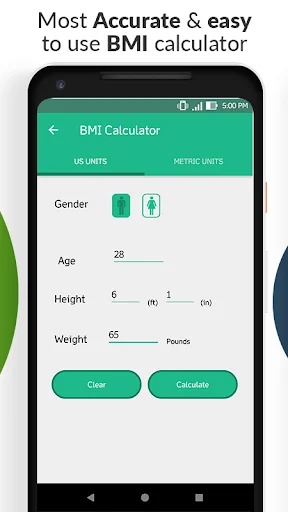 BMI Calculator screen with gender, age, height and weight input fields and Calculate button for body mass index results