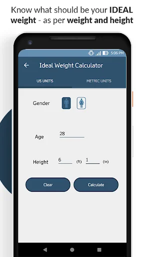 Ideal Weight Calculator showing input fields for gender, age and height to calculate personalized healthy weight targets