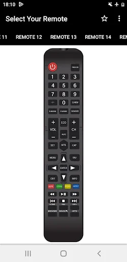 Weston TV Remote app: Full-featured remote with red power button, numeric keypad 0-9, volume/channel controls, navigation buttons, and colored function buttons for TV control