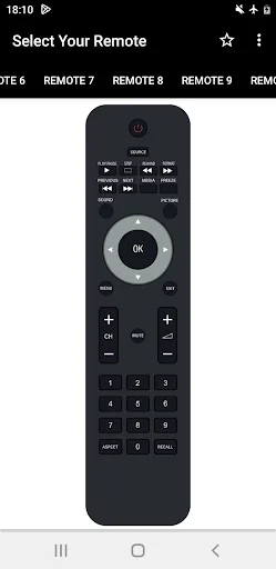 Weston TV Remote app: Remote control layout with red power button, large central OK navigation button, plus/minus volume controls, numeric pad, and colored buttons