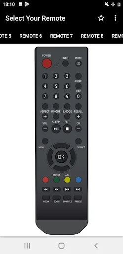 Weston TV Remote app: TV remote design with red power button, mute button, numeric keypad, directional navigation, OK button center, and colored control buttons