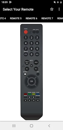 Weston TV Remote app: Compact remote interface with red power button, numeric keypad 0-9, central OK navigation, colored buttons, and additional function controls