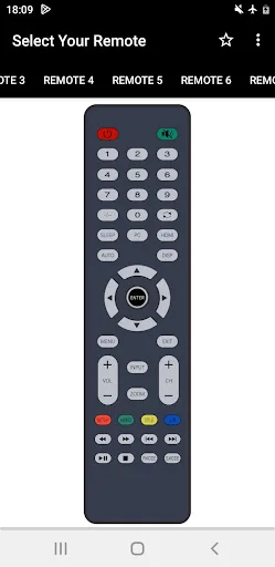 Weston TV Remote app: Remote display with red and green buttons at top, numeric grid keypad 0-9, circular navigation pad with OK center, and colored buttons