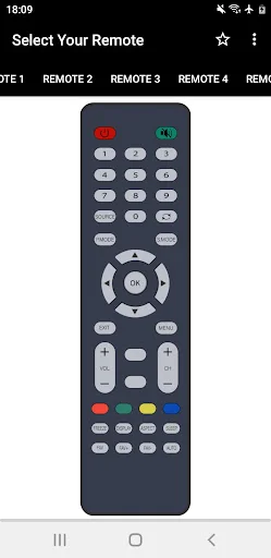 Weston TV Remote app: TV remote interface showing numeric keypad grid, circular navigation pad with OK button, red and green buttons, and colored function controls