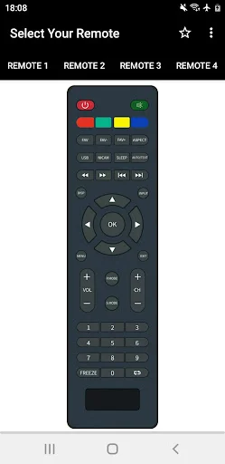 Weston TV Remote app: Remote control with red and green buttons, function keys, directional navigation pad with OK center, numeric keypad, and colored buttons
