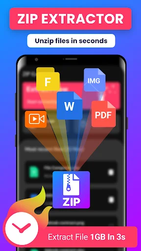 ZIP Extractor app logo with phone displaying file format icons, fast unzip and extraction in 1GB in 3 seconds