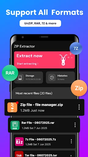 ZIP Extractor interface showing support for multiple file formats RAR, 7Z, ZIP with recent files list and storage management