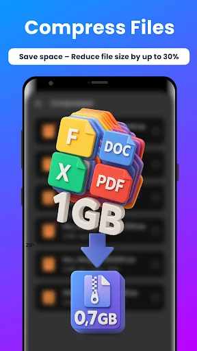 File compression feature in ZIP Extractor reducing 1GB file to 0.7GB for space saving and up to 30% file size reduction