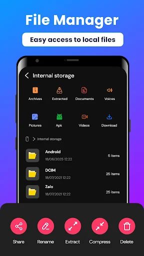 File manager interface with local files organized by category with extract, compress, rename, share, and delete tools