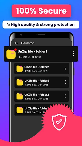 Secure extracted files display with protected folder list and security shield badge for 100% safe file extraction