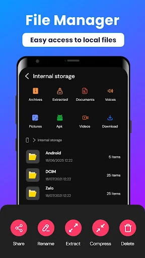 Zip Extractor file manager with storage categories, organized folders, and file action buttons for sharing and extraction